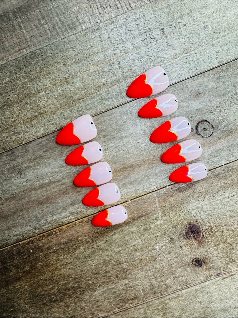 Handmade Red Heart French Tip Press On Nails Size Large + Nail Kit NEW